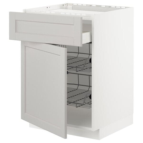 METOD / MAXIMERA - Base cab f hob/drawer/2 wire bskts, white/Lerhyttan light grey, 60x60 cm