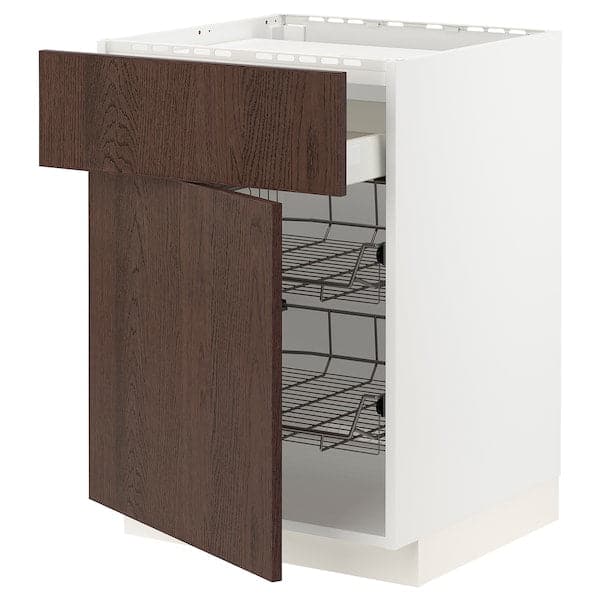 METOD / MAXIMERA - Base cab f hob/drawer/2 wire bskts, white/Sinarp brown , 60x60 cm - best price from Maltashopper.com 39466489