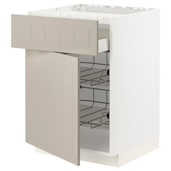 METOD / MAXIMERA - Base cab f hob/drawer/2 wire bskts, white/Stensund beige, 60x60 cm