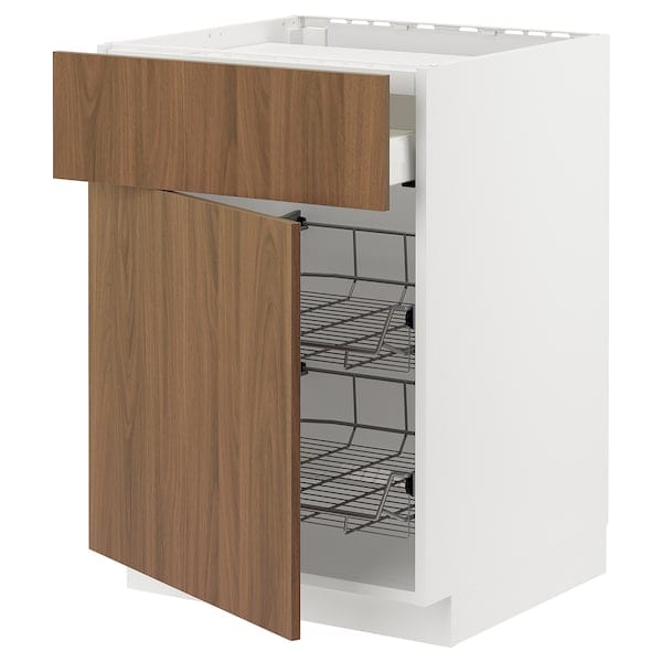 Ikea METOD / MAXIMERA - Base cab f hob/drawer/2 wire bskts, white/Tistorp brown walnut effect, 60x60 cm