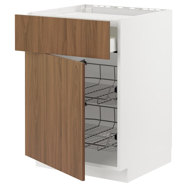 METOD / MAXIMERA - Base cab f hob/drawer/2 wire bskts, white/Tistorp brown walnut effect, 60x60 cm