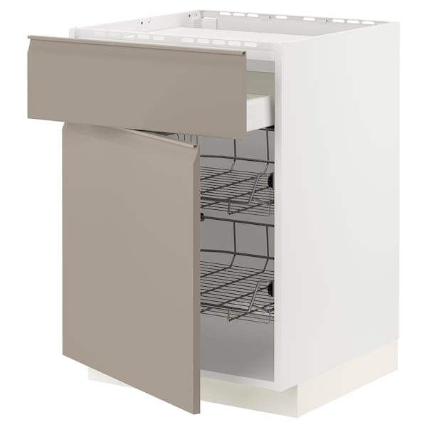 METOD / MAXIMERA - Base cab f hob/drawer/2 wire bskts, white/Upplöv matt dark beige , - best price from Maltashopper.com 09492296