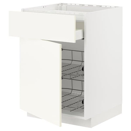 METOD / MAXIMERA - Base cab f hob/drawer/2 wire bskts, white/Vallstena white, 60x60 cm