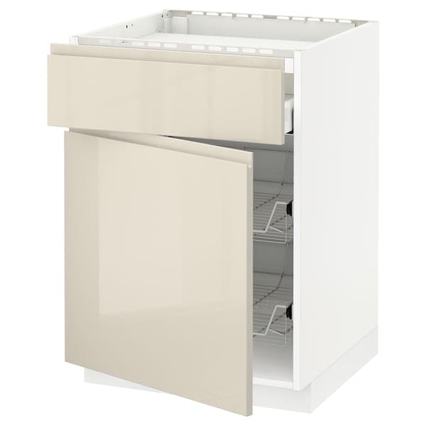 Ikea METOD / MAXIMERA - Base cab f hob/drawer/2 wire bskts, white/Voxtorp high-gloss light beige, 60x60 cm