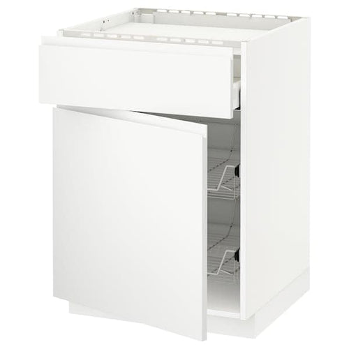 METOD / MAXIMERA - Base cab f hob/drawer/2 wire bskts, white/Voxtorp matt white, 60x60 cm