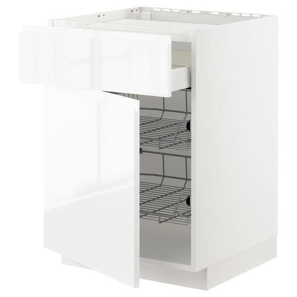 METOD / MAXIMERA - Base cab f hob/drawer/2 wire bskts, white/Voxtorp high-gloss/white, 60x60 cm