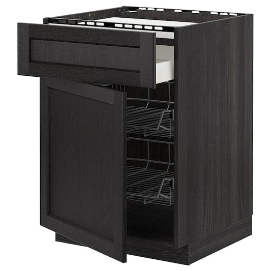 METOD / MAXIMERA - Base cab f hob/drawer/2 wire bskts, black/Lerhyttan black stained, 60x60 cm - best price from Maltashopper.com 89456510
