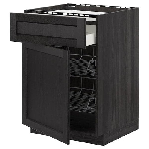 METOD / MAXIMERA - Base cab f hob/drawer/2 wire bskts, black/Lerhyttan black stained, 60x60 cm