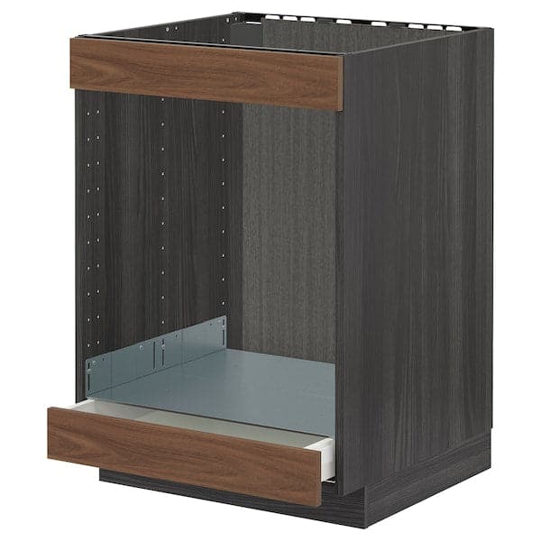 METOD / MAXIMERA - Base cab for hob+oven w drawer, black Enköping/brown walnut effect, 60x60 cm