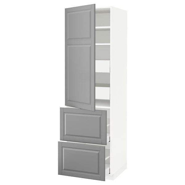 METOD / MAXIMERA - Hi cab w shlvs/4 drawers/dr/2 frnts, white/Bodbyn grey, 60x60x200 cm - best price from Maltashopper.com 49381705