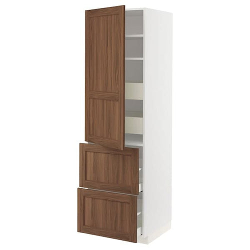 METOD / MAXIMERA - Hi cab w shlvs/4 drawers/dr/2 frnts, white Enköping/brown walnut effect, 60x60x200 cm