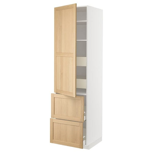 METOD / MAXIMERA hi cab w shlvs/4 drawers/dr/2 frnts, white/Forsbacka oak, 60x60x220 cm