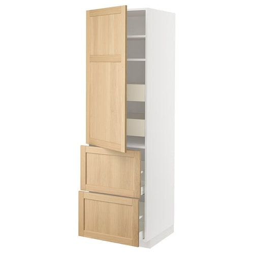 METOD / MAXIMERA hi cab w shlvs/4 drawers/dr/2 frnts, white/Forsbacka oak, 60x60x200 cm