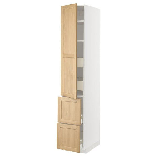 Ikea METOD / MAXIMERA - Hi cab w shlvs/4 drawers/dr/2 frnts, white/Forsbacka oak, 40x60x220 cm