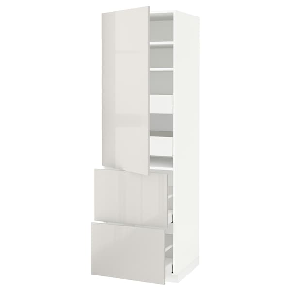 METOD / MAXIMERA - Hi cab w shlvs/4 drawers/dr/2 frnts, white/Ringhult light grey, 60x60x200 cm