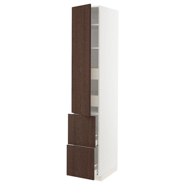 METOD / MAXIMERA - Hi cab w shlvs/4 drawers/dr/2 frnts, white/Sinarp brown , 40x60x220 cm