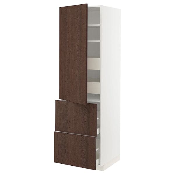 Ikea METOD / MAXIMERA - Hi cab w shlvs/4 drawers/dr/2 frnts, white/Sinarp brown , 60x60x200 cm