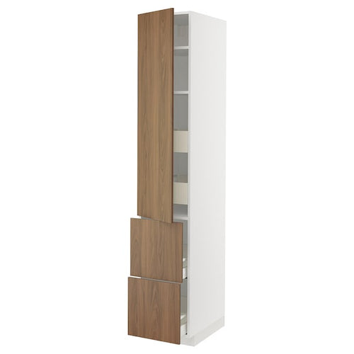 METOD / MAXIMERA - Hi cab w shlvs/4 drawers/dr/2 frnts, white/Tistorp brown walnut effect, 40x60x220 cm