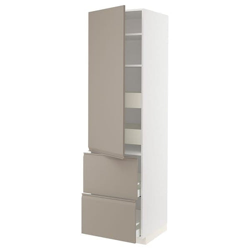 METOD / MAXIMERA hi cab w shlvs/4 drawers/dr/2 frnts, white/Upplöv matt dark beige, 60x60x220 cm