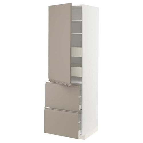 METOD / MAXIMERA hi cab w shlvs/4 drawers/dr/2 frnts, white/Upplöv matt dark beige, 60x60x200 cm