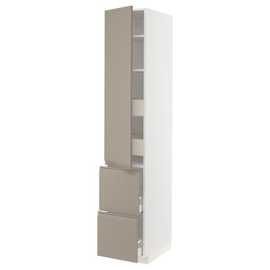 Ikea METOD / MAXIMERA - Hi cab w shlvs/4 drawers/dr/2 frnts, white/Upplöv matt dark beige, 40x60x220 cm