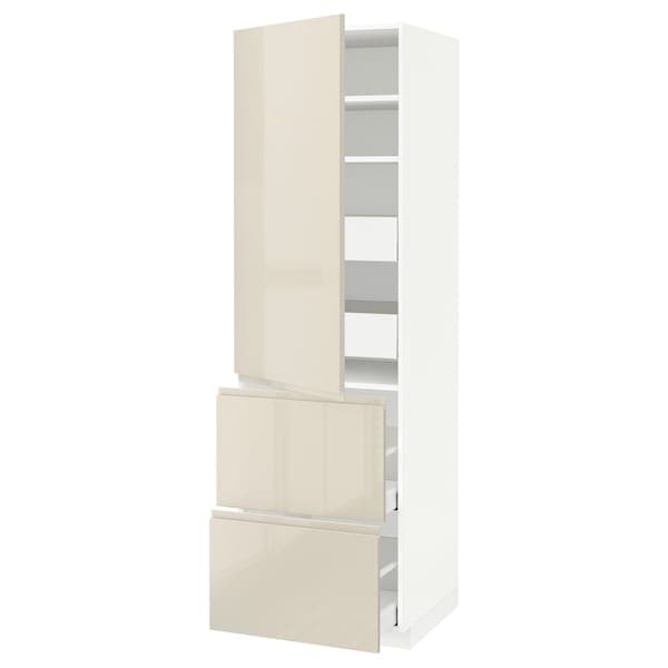 METOD / MAXIMERA - Hi cab w shlvs/4 drawers/dr/2 frnts, white/Voxtorp high-gloss light beige, 60x60x200 cm