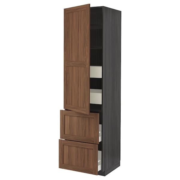 METOD / MAXIMERA - Hi cab w shlvs/4 drawers/dr/2 frnts, black Enköping/brown walnut effect, 60x60x220 cm - best price from Maltashopper.com 49476708