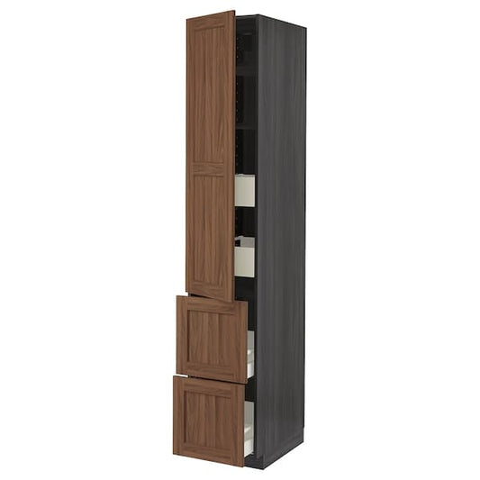 METOD / MAXIMERA - Hi cab w shlvs/4 drawers/dr/2 frnts, black Enköping/brown walnut effect, 40x60x220 cm - best price from Maltashopper.com 69476707