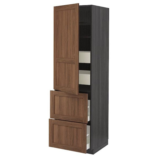 Ikea METOD / MAXIMERA - Hi cab w shlvs/4 drawers/dr/2 frnts, black Enköping/brown walnut effect, 60x60x200 cm