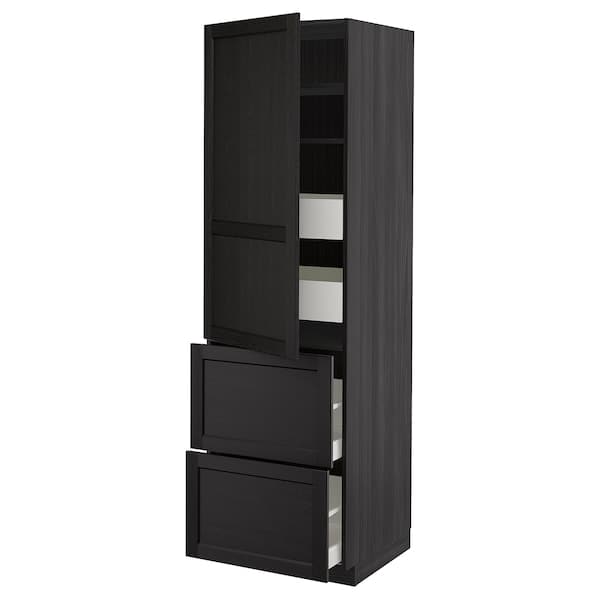 METOD / MAXIMERA - Hi cab w shlvs/4 drawers/dr/2 frnts, black/Lerhyttan black stained, 60x60x200 cm - best price from Maltashopper.com 39370081