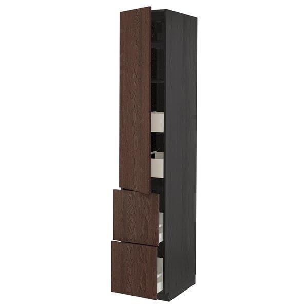 METOD / MAXIMERA - Hi cab w shlvs/4 drawers/dr/2 frnts, black/Sinarp brown , 40x60x220 cm - best price from Maltashopper.com 69405866