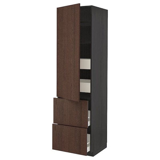 METOD / MAXIMERA - Hi cab w shlvs/4 drawers/dr/2 frnts, black/Sinarp brown, 60x60x220 cm - best price from Maltashopper.com 09405869