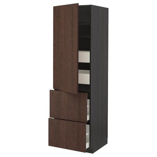 METOD / MAXIMERA - Hi cab w shlvs/4 drawers/dr/2 frnts, black/Sinarp brown , 60x60x200 cm - best price from Maltashopper.com 59405881