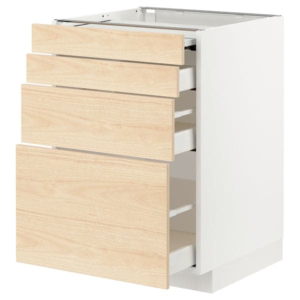 METOD / MAXIMERA - Bc w pull-out work surface/3drw, white/Askersund light ash effect, 60x60 cm - best price from Maltashopper.com 69433850