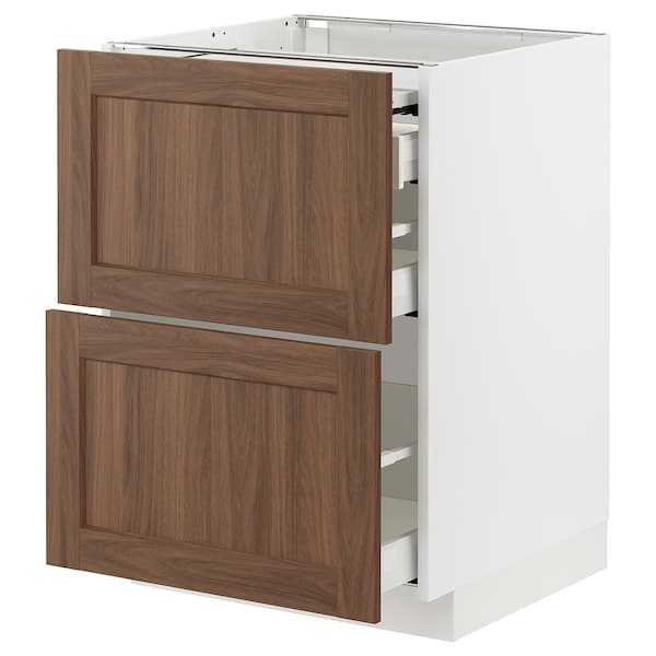 METOD / MAXIMERA - Bc w pull-out work surface/3drw, white Enköping/brown walnut effect, 60x60 cm - best price from Maltashopper.com 69474949
