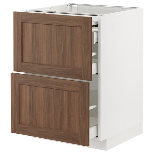 METOD / MAXIMERA - Bc w pull-out work surface/3drw, white Enköping/brown walnut effect, 60x60 cm