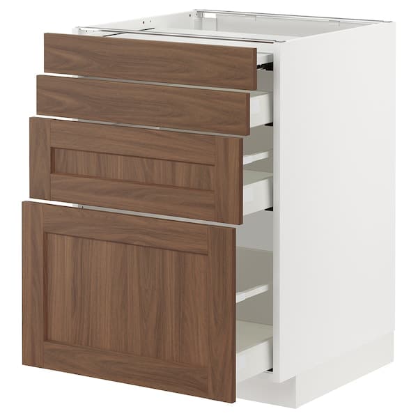 METOD / MAXIMERA - Bc w pull-out work surface/3drw, white Enköping/brown walnut effect, 60x60 cm