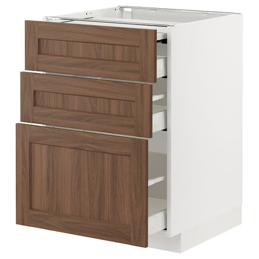 Ikea METOD / MAXIMERA - Bc w pull-out work surface/3drw, white Enköping/brown walnut effect, 60x60 cm