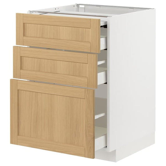 Ikea METOD / MAXIMERA - Bc w pull-out work surface/3drw, white/Forsbacka oak, 60x60 cm
