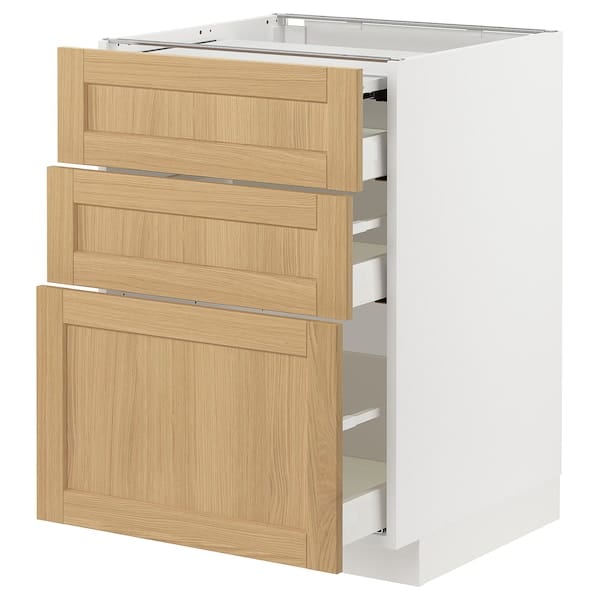 Ikea METOD / MAXIMERA - Bc w pull-out work surface/3drw, white/Forsbacka oak, 60x60 cm