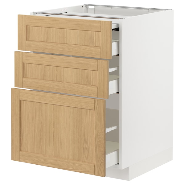 METOD / MAXIMERA - Bc w pull-out work surface/3drw, white/Forsbacka oak, 60x60 cm