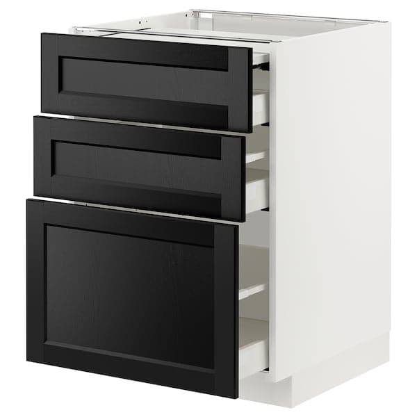 METOD / MAXIMERA - Bc w pull-out work surface/3drw, white/Lerhyttan black stained , 60x60 cm