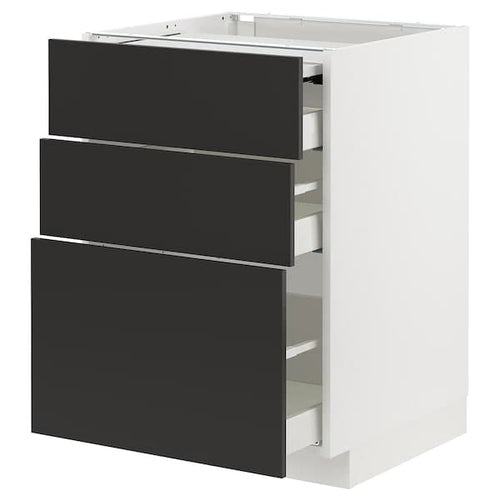 METOD / MAXIMERA - Bc w pull-out work surface/3drw, white/Nickebo matt anthracite, 60x60 cm