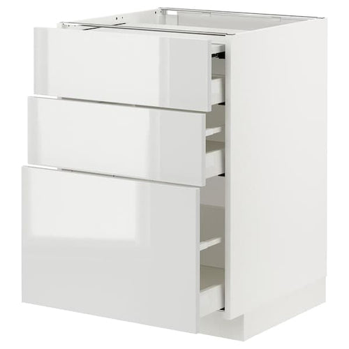 METOD / MAXIMERA - Bc w pull-out work surface/3drw, white/Ringhult light grey, 60x60 cm