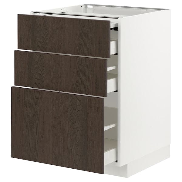 METOD / MAXIMERA - Bc w pull-out work surface/3drw, white/Sinarp brown , 60x60 cm - best price from Maltashopper.com 39433719