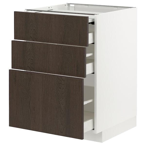 METOD / MAXIMERA - Bc w pull-out work surface/3drw, white/Sinarp brown , 60x60 cm - best price from Maltashopper.com 39433719