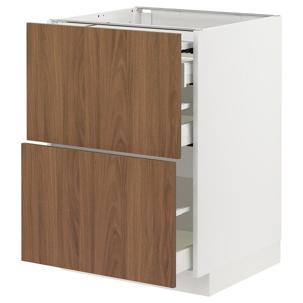 METOD / MAXIMERA - Bc w pull-out work surface/3drw, white/Tistorp brown walnut effect, 60x60 cm - best price from Maltashopper.com 29518926