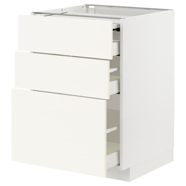 METOD / MAXIMERA - Bc w pull-out work surface/3drw, white/Vallstena white, 60x60 cm - best price from Maltashopper.com 39507022