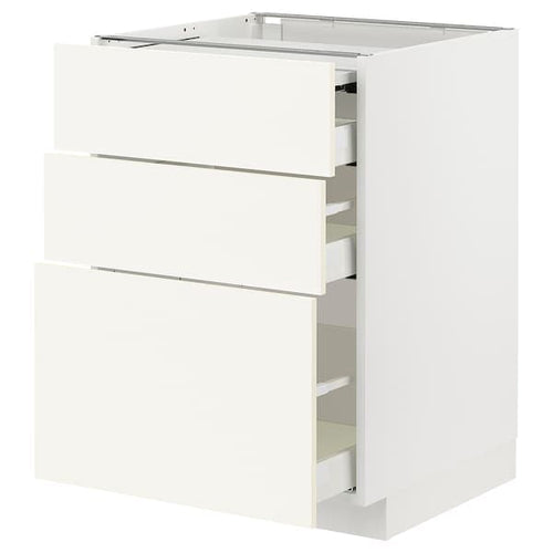 METOD / MAXIMERA - Bc w pull-out work surface/3drw, white/Vallstena white, 60x60 cm