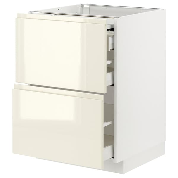 METOD / MAXIMERA - Bc w pull-out work surface/3drw, white/Voxtorp high-gloss light beige, 60x60 cm - best price from Maltashopper.com 99433523